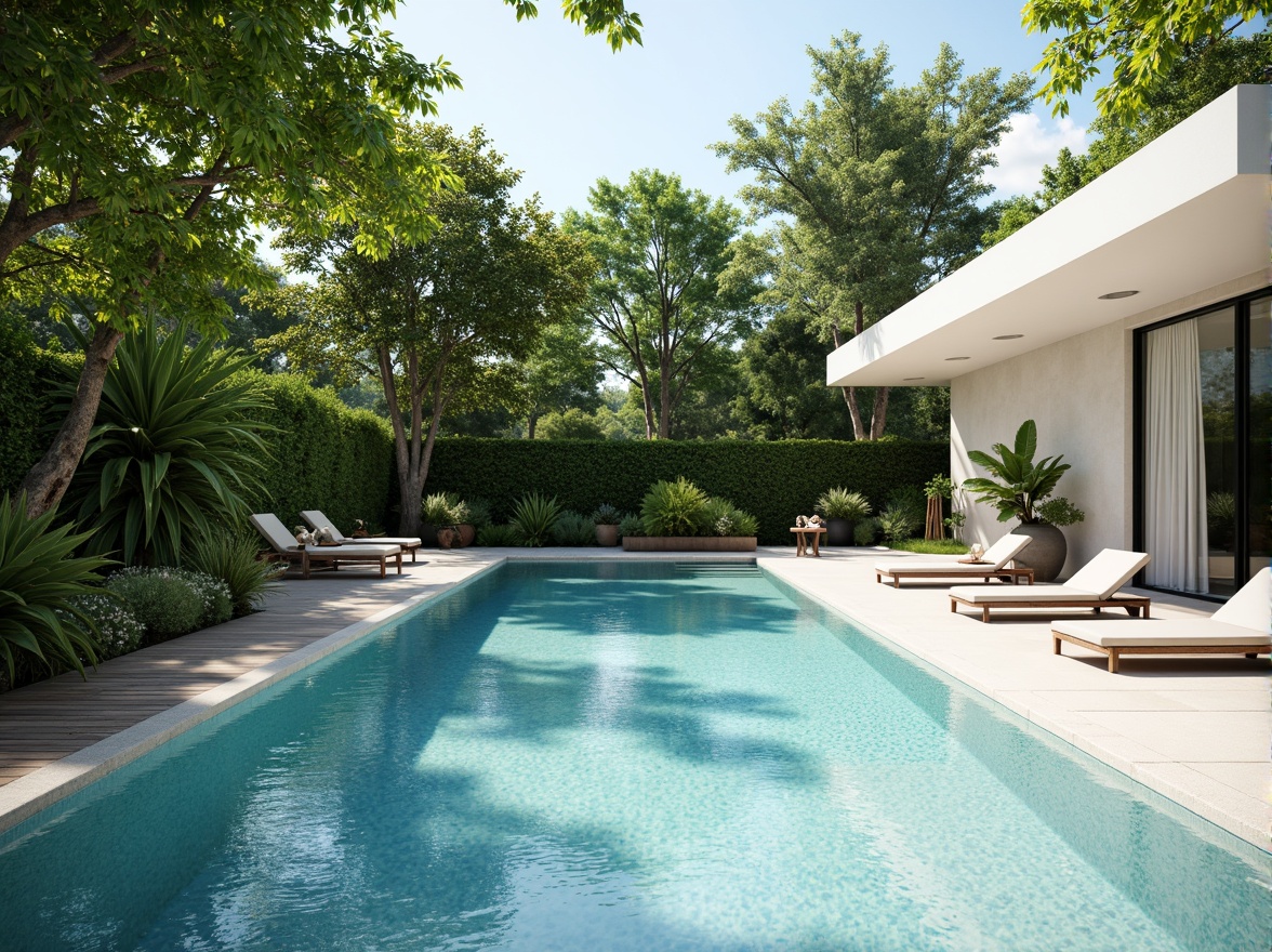 Prompt: Sleek modern pool, minimalist design, rectangular shape, clean lines, pure white surfaces, subtle water features, gentle ripples, soft blue hues, natural stone coping, wooden deck, lush greenery, tropical plants, warm sunny day, dappled shade, 1/1 composition, shallow depth of field, realistic textures, ambient occlusion.