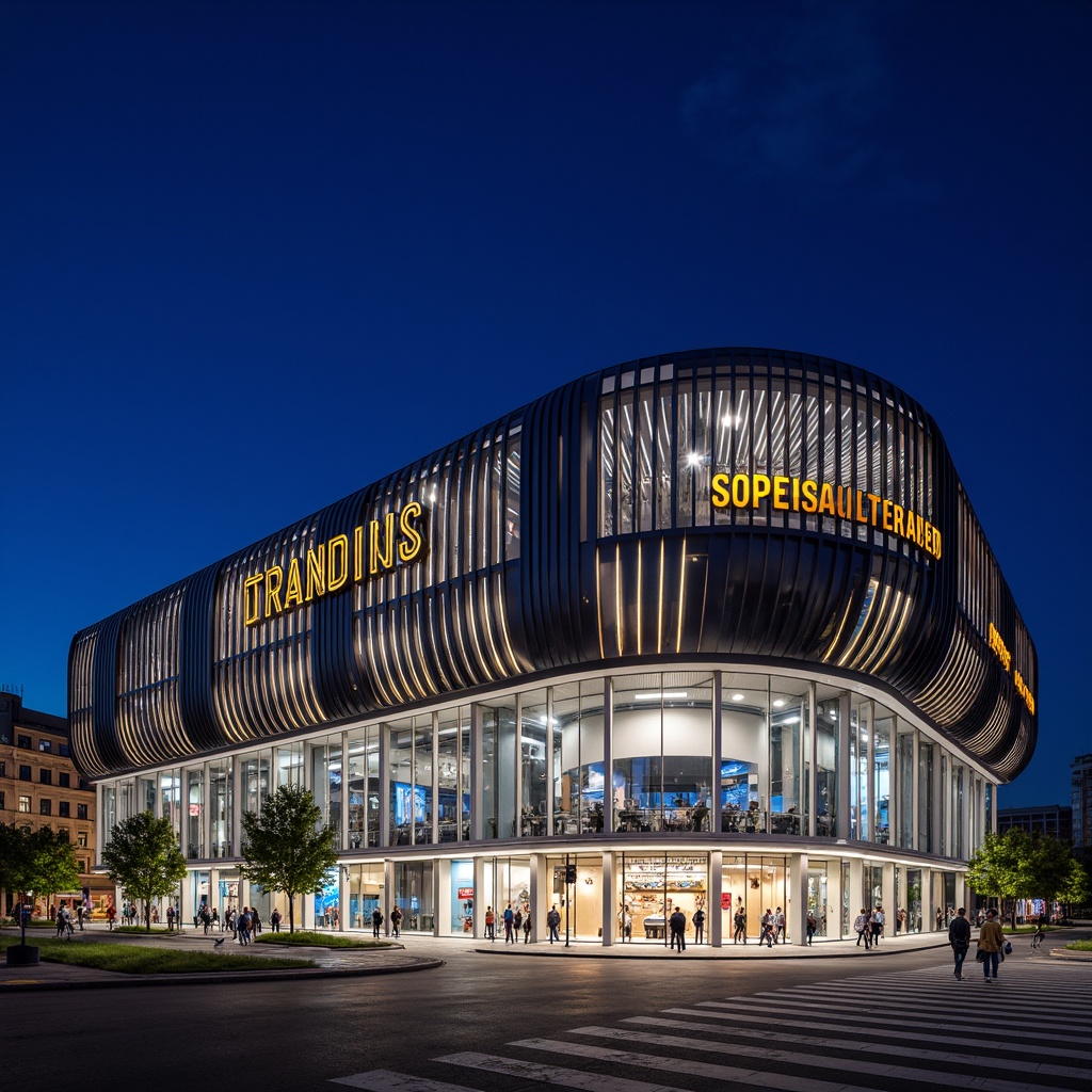 Prompt: Grand stadium facade, dynamic curves, sleek metal cladding, LED light strips, cantilevered roofs, angular lines, modern architectural style, vibrant team colors, bold typography, giant video screens, transparent glass walls, monumental entrance gates, sculptural concrete forms, rhythmic column patterns, dramatic nighttime illumination, shallow depth of field, 1/2 composition, symmetrical framing, realistic textures, ambient occlusion.