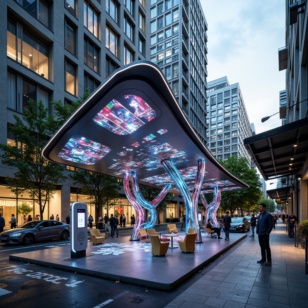 Prompt: Futuristic charging station, sleek metal structure, neon LED lights, dynamic digital displays, modern minimalist design, eco-friendly materials, solar panels, wind turbines, green roofs, innovative cooling systems, shaded outdoor spaces, misting systems, vibrant colorful accents, intricate geometric patterns, urban cityscape, bustling street scene, daytime shot, shallow depth of field, 3/4 composition, panoramic view, realistic textures, ambient occlusion.