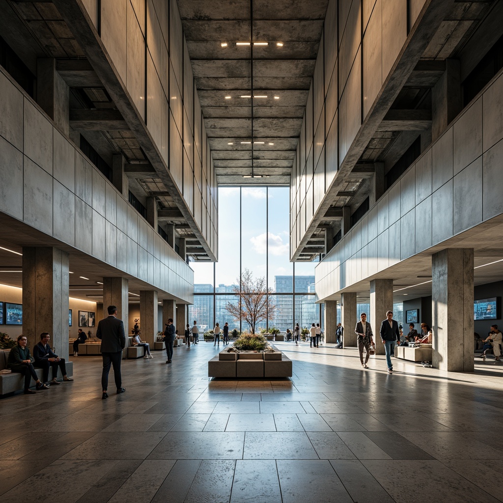 Prompt: Exposed concrete walls, industrial metal beams, raw unfinished ceilings, minimalist lighting fixtures, brutalist architectural elements, functional interior design, airport terminal atmosphere, bustling passenger traffic, large open spaces, natural stone flooring, industrial-style seating areas, metallic column supports, urban modern aesthetic, high ceilings, dramatic overhead lighting, cinematic shadows, low-key color palette, functional signage systems, airport information displays, wayfinding graphics, dynamic architectural angles, bold structural elements, urban brutalist charm.