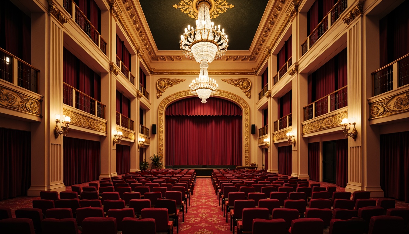 Prompt: Grand cinema hall, neoclassical architecture, ornate details, gilded frames, velvet curtains, luxurious seating, crimson carpets, marble flooring, intricate moldings, decorative pillars, high ceilings, crystal chandeliers, soft warm lighting, dramatic spotlights, shallow depth of field, 1/1 composition, symmetrical balance, opulent fabrics, rich textures, ambient occlusion.