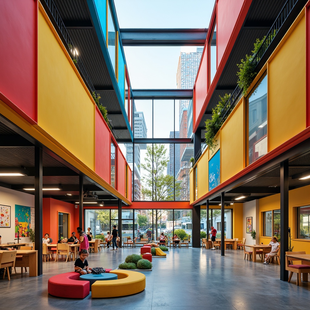 Prompt: Vibrant kindergarten building, structuralist style, bold geometric shapes, bright color scheme, playful patterned walls, educational signage, urban landscape integration, cityscape views, modern architecture, steel beams, glass facades, natural light influx, open floor plan, collaborative learning spaces, cozy reading nooks, interactive play areas, soft warm lighting, shallow depth of field, 3/4 composition, panoramic view, realistic textures, ambient occlusion.