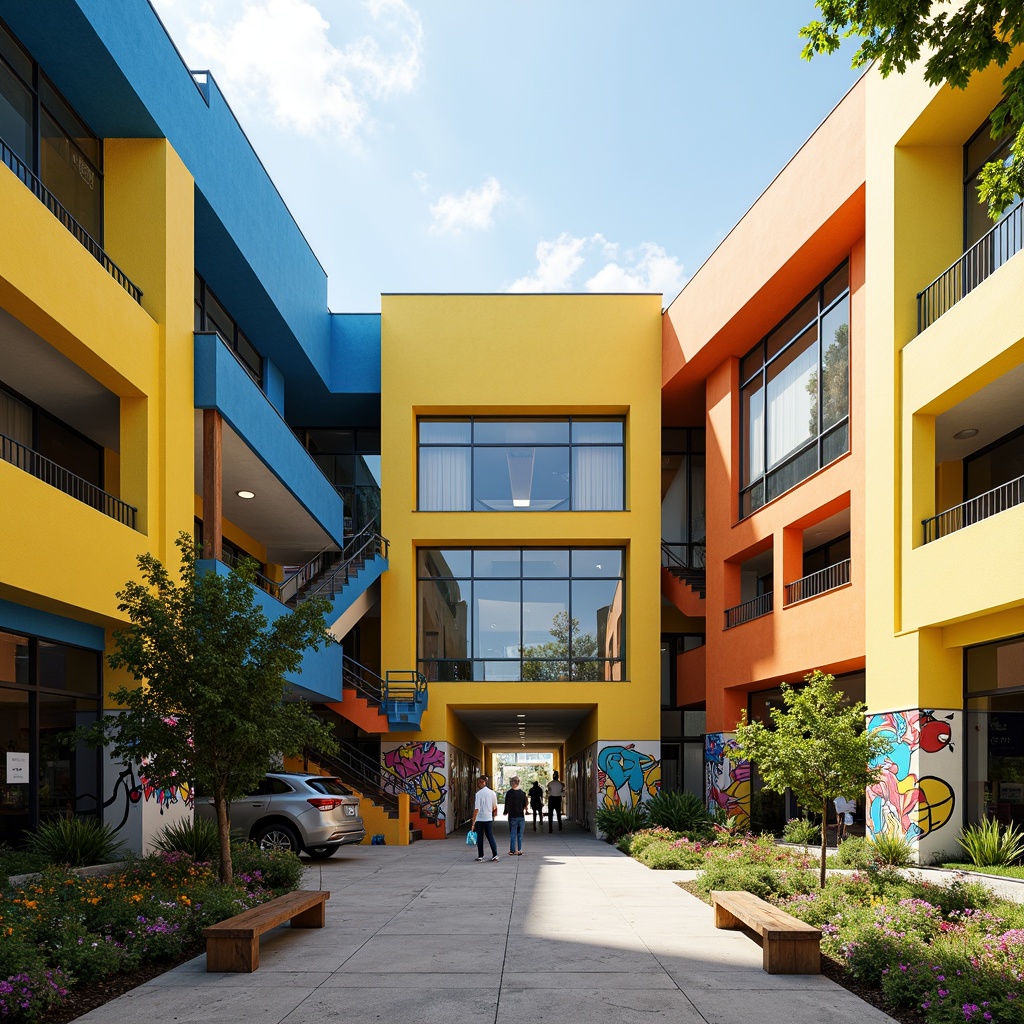 Prompt: Vibrant high school building, bold color scheme, bright yellow accents, deep blue tones, energetic orange hues, neutral beige walls, modern angular architecture, large windows, sleek metal frames, transparent glass doors, playful graffiti murals, dynamic staircases, cozy corner nooks, rustic wooden benches, lively courtyard spaces, blooming flower beds, sunny afternoon lighting, shallow depth of field, 3/4 composition, panoramic view, realistic textures, ambient occlusion.