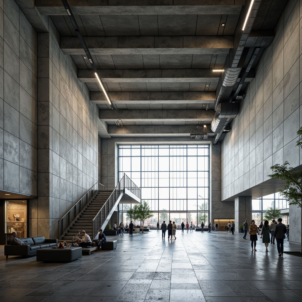 Prompt: Exposed concrete walls, industrial metal beams, raw unfinished ceilings, dramatic high-volume spaces, grand staircase, minimalist seating areas, functional lighting fixtures, brutalist architectural style, rugged stone flooring, cold monochromatic color scheme, massive glass windows, urban airport atmosphere, busy traveler activity, soft natural light, subtle shadows, 1/1 composition, realistic textures, ambient occlusion.