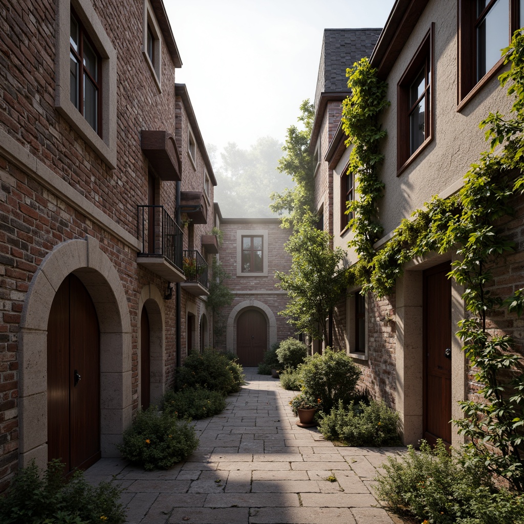 Prompt: Rustic brick facade, weathered stone walls, ornate carvings, distressed textures, earthy color palette, traditional craftsmanship, classic architectural style, grand entranceways, imposing columns, sturdy arches, rugged stonework, ivy-covered buildings, misty morning atmosphere, soft natural lighting, 1/1 composition, intimate framing, realistic render.