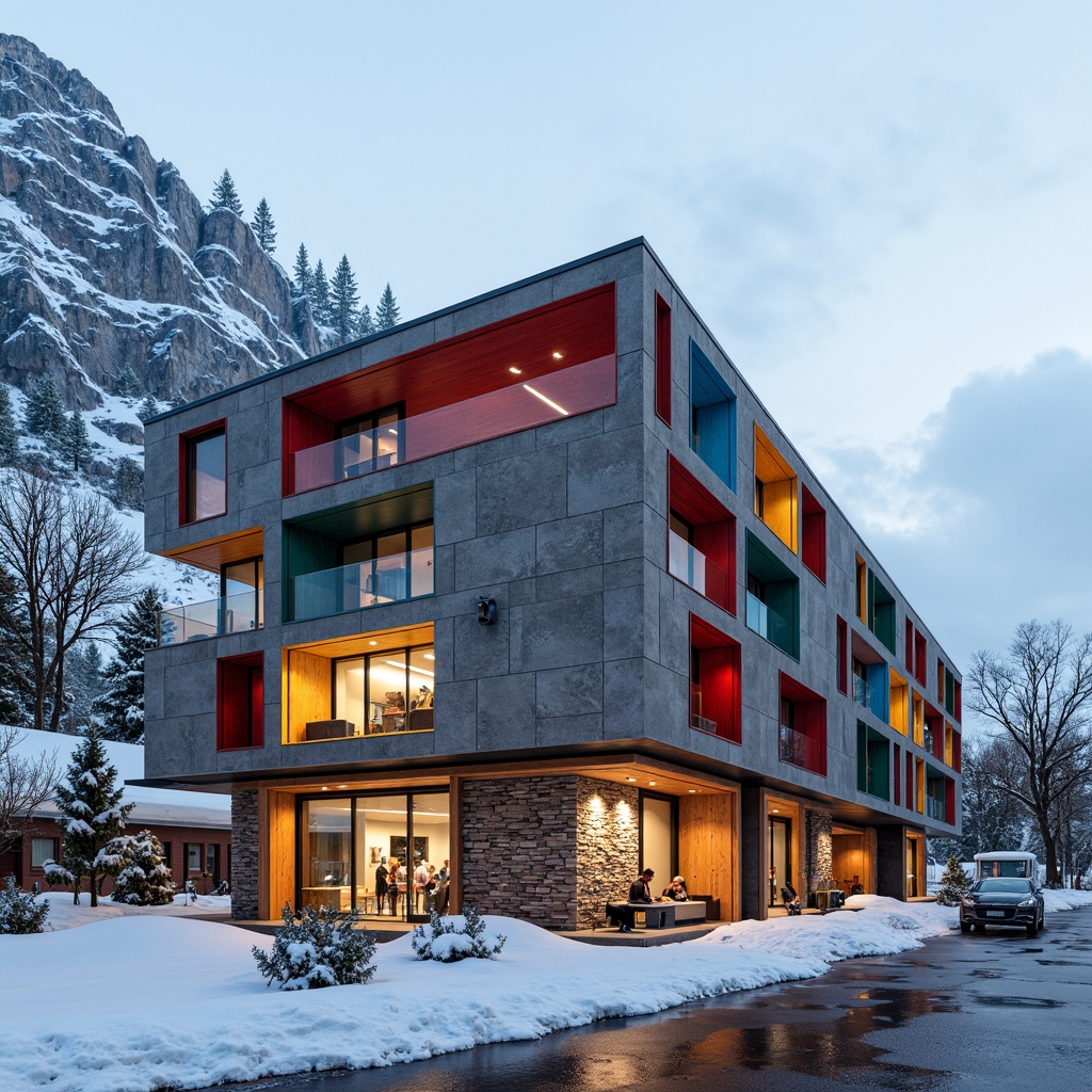 Prompt: Vibrant ski center, eclectic facade, mismatched windows, asymmetrical composition, bold color blocking, chunky stone walls, wooden accents, metal cladding, irregular shapes, dynamic lines, futuristic touches, snow-capped mountains, frosty mornings, misty atmosphere, soft warm lighting, shallow depth of field, 1/1 composition, realistic textures, ambient occlusion.