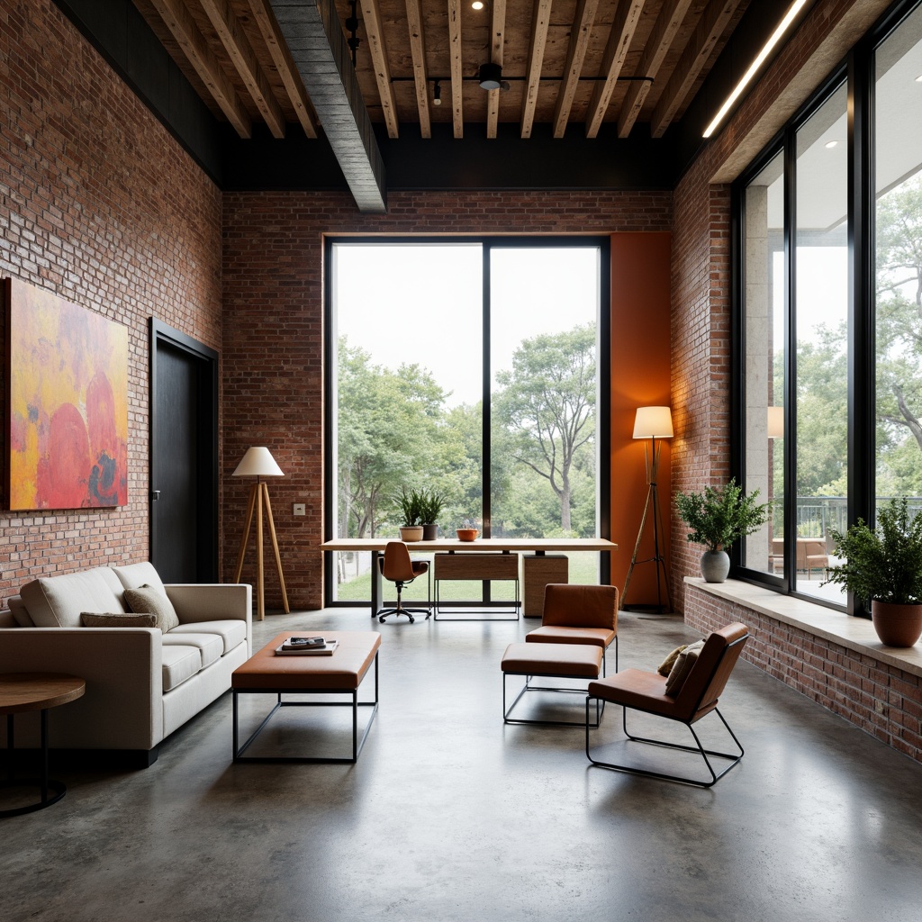 Prompt: Minimalist living room, rectangular shapes, industrial materials, exposed brick walls, polished concrete floors, functional furniture, geometric patterns, bold color accents, natural light pouring in, large windows, sliding glass doors, open floor plan, flexible layout, moveable partitions, modular shelving units, cantilevered tables, sleek metal legs, ergonomic chairs, task lighting, soft diffused glow, 1/1 composition, symmetrical balance, monochromatic color scheme, clean lines, reduced ornamentation.