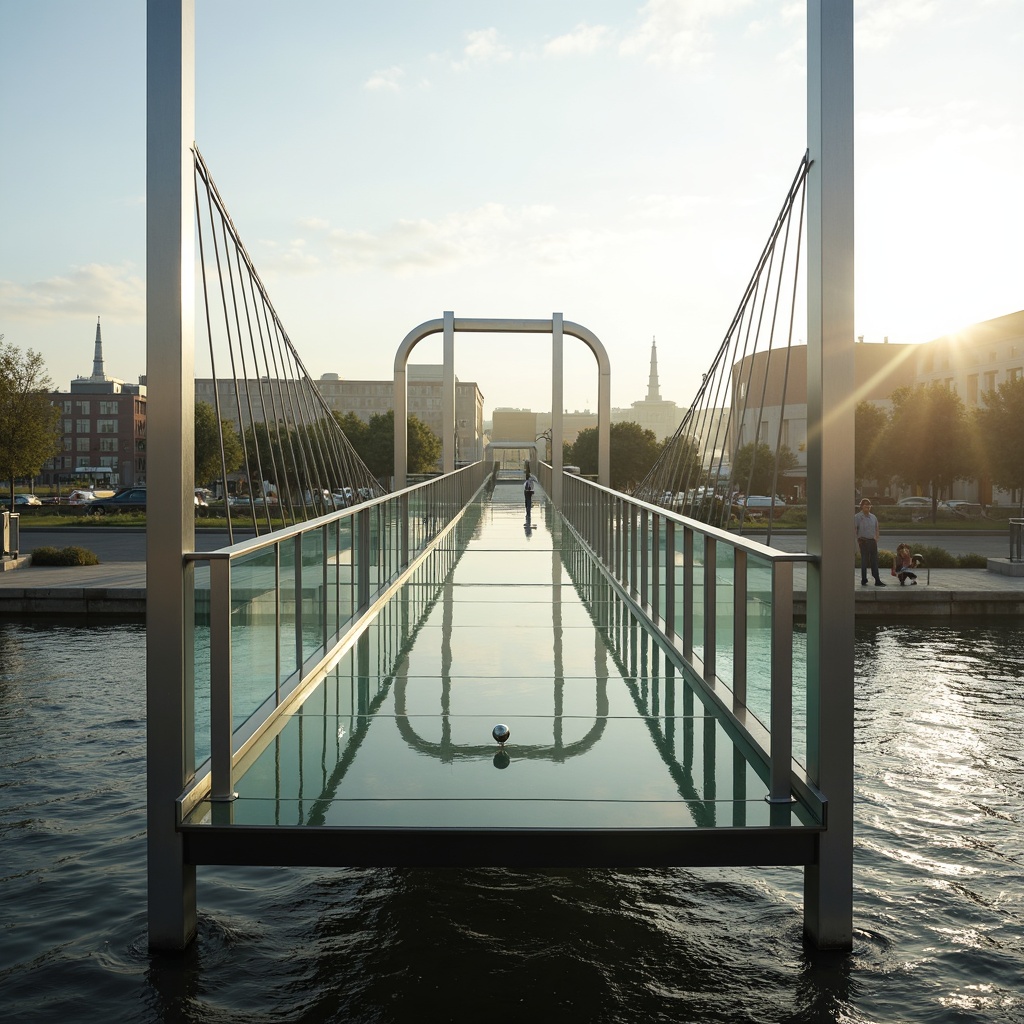 Prompt: Glass bridge, transparent railings, steel cables, minimalist piers, modernist architecture, riverbank setting, urban landscape, industrial heritage, brutalist influences, geometric shapes, clean lines, functional design, natural light reflections, rippling water effects, misty atmosphere, warm golden lighting, shallow depth of field, 1/1 composition, symmetrical framing, high-contrast textures, ambient occlusion.