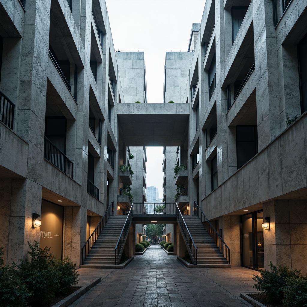 Prompt: Exposed concrete structures, rugged brutalist forms, angular lines, functional design elements, industrial-style lighting fixtures, steel beams, raw concrete textures, monumental entrance gates, cantilevered canopies, dramatic staircases, urban landscape views, overcast skies, moody atmospheric lighting, high-contrast shadows, 2/3 composition, cinematic perspective, realistic weathering effects, ambient occlusion.