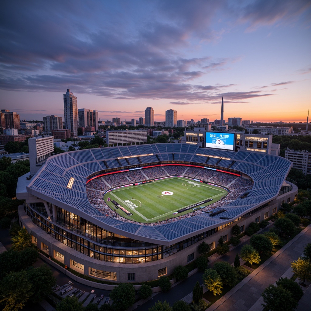 Prompt: Modernist stadium, curved lines, dynamic shapes, cantilevered roofs, open-air design, sleek metal structures, glass facades, concrete foundations, vibrant color schemes, neon lighting, abstract patterns, geometric textures, high-tech scoreboard displays, premium seating areas, VIP lounges, modern art installations, urban landscape views, city skyline backdrops, dramatic sunsets, warm evening ambiance, shallow depth of field, 2/3 composition, cinematic lighting.