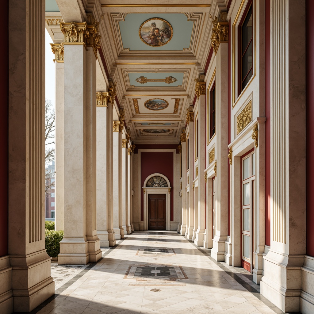 Prompt: Elegant neoclassical building, creamy white marble columns, ornate gold accents, rich burgundy red walls, soft pale blue ceilings, muted earthy tones, intricate moldings, refined stucco exteriors, subtle gradient effects, warm ambient lighting, dramatic chiaroscuro shading, symmetrical compositions, ornate fresco details, lavish decorative patterns.