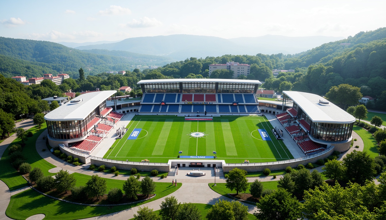 Prompt: Panoramic football stadium, lush green landscape, rolling hills, scenic vistas, integrated seating areas, natural stone retaining walls, modern sports architecture, curved lines, cantilevered roofs, large glass facades, elevated walkways, grand entrance gates, vibrant team colors, dynamic lighting systems, shallow depth of field, 3/4 composition, realistic textures, ambient occlusion.