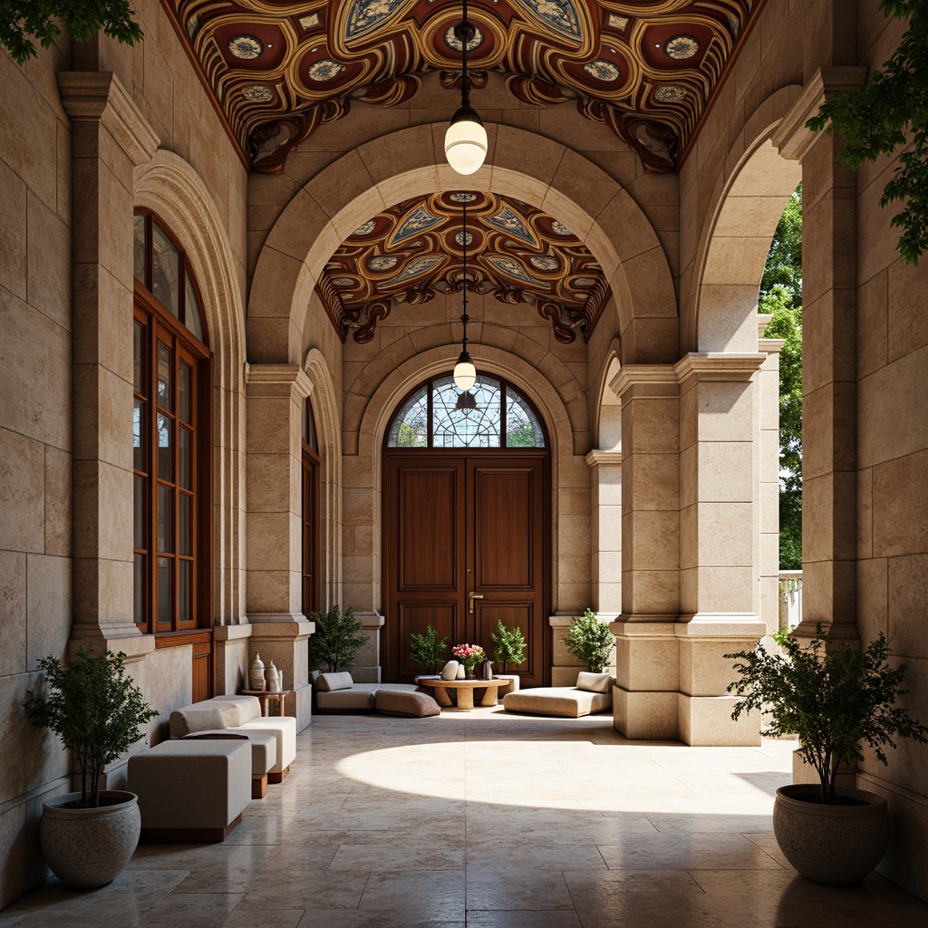 Prompt: Ornate clinic facade, rusticated stone walls, arched windows, grand entrance doors, intricately carved wooden decorations, classical columns, ornamental cornices, vaulted ceilings, marble flooring, decorative frescoes, stained glass windows, warm natural lighting, soft focus photography, shallow depth of field, 2/3 composition, symmetrical framing, realistic textures, ambient occlusion.