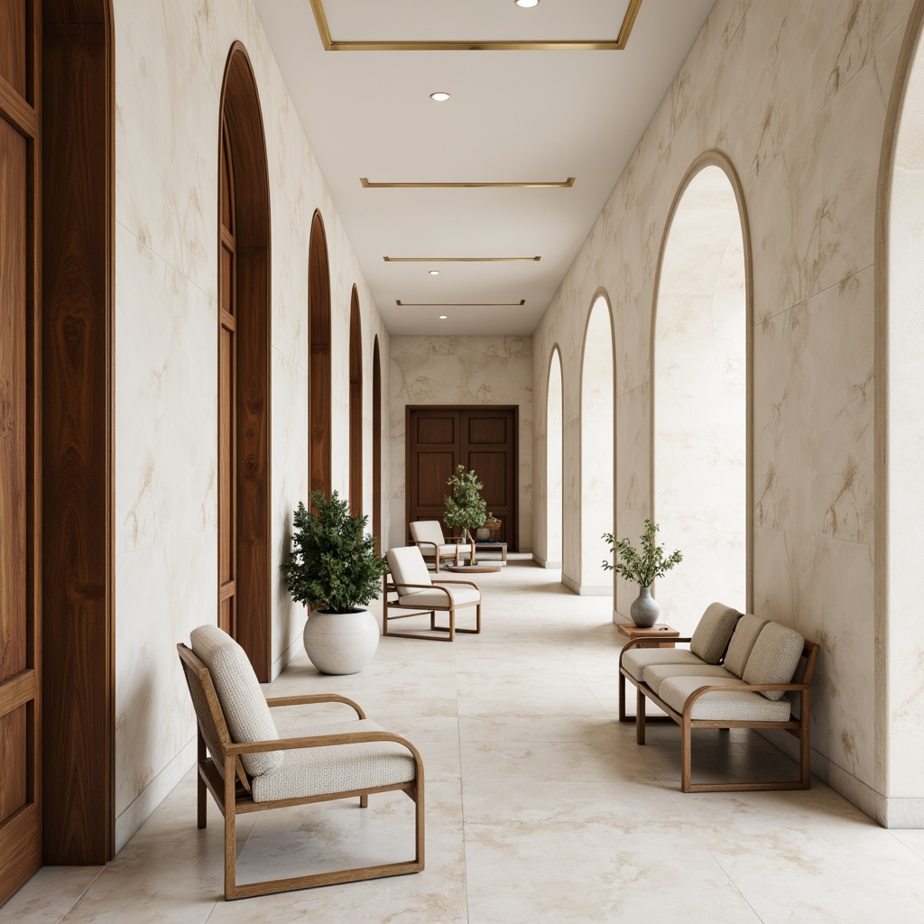 Prompt: Soaring ceilings, luxurious furnishings, soft creamy whites, warm beige tones, rich walnut woods, metallic gold accents, delicate pastel hues, calming blue undertones, natural stone textures, elegant marble patterns, subtle gradient effects, ambient lighting, shallow depth of field, 1/2 composition, realistic reflections, atmospheric perspective.