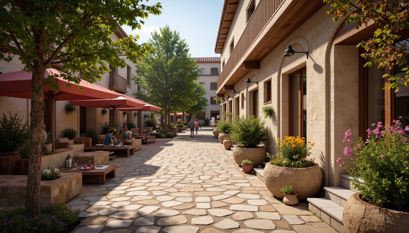 Prompt: Rustic village setting, earthy tones, natural stone walls, wooden accents, curved lines, ornate carvings, traditional ornaments, vibrant local textiles, colorful ceramics, decorative metalwork, intricate stonework, lush greenery, blooming flowers, warm sunny day, soft diffused lighting, shallow depth of field, 1/1 composition, realistic textures, ambient occlusion.