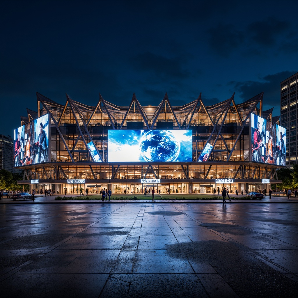 Prompt: Sleek stadium facade, modernist architecture, cantilevered rooflines, angular steel beams, glass curtain walls, LED lighting displays, dynamic digital signage, futuristic entrance gates, grandstand seating areas, vibrant team color schemes, geometric patterned cladding, metallic mesh materials, abstract sculptures, urban cityscape backdrop, dramatic nighttime illumination, shallow depth of field, 1/1 composition, cinematic camera angle, realistic reflections.