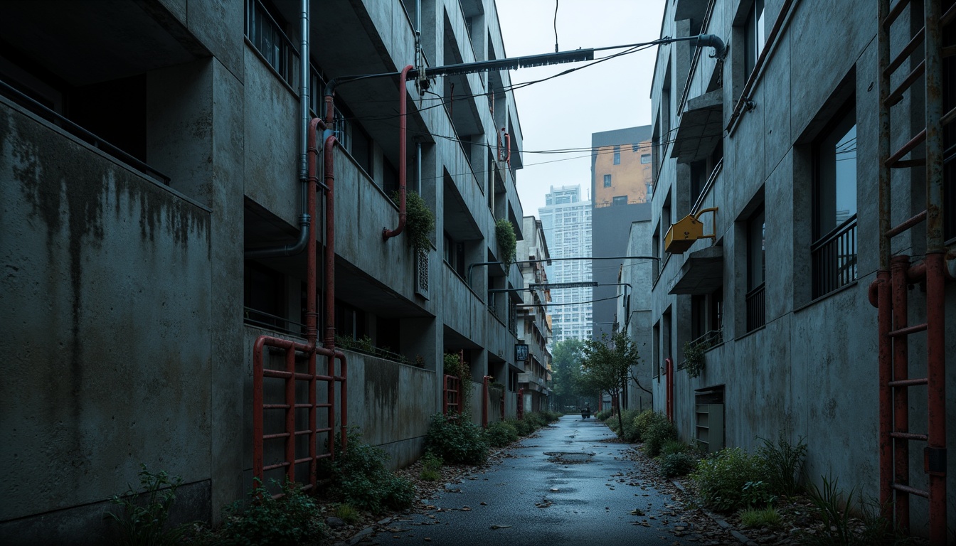 Prompt: Concrete walls, rough textures, industrial pipes, metallic ladders, brutalist architecture, bold color scheme, deep blues, rusty reds, weathered concrete, grey stone, urban landscape, cityscape, dramatic lighting, strong shadows, 1-point perspective, low-angle shot, moody atmosphere, misty morning, overcast sky, realistic render, detailed textures, ambient occlusion.