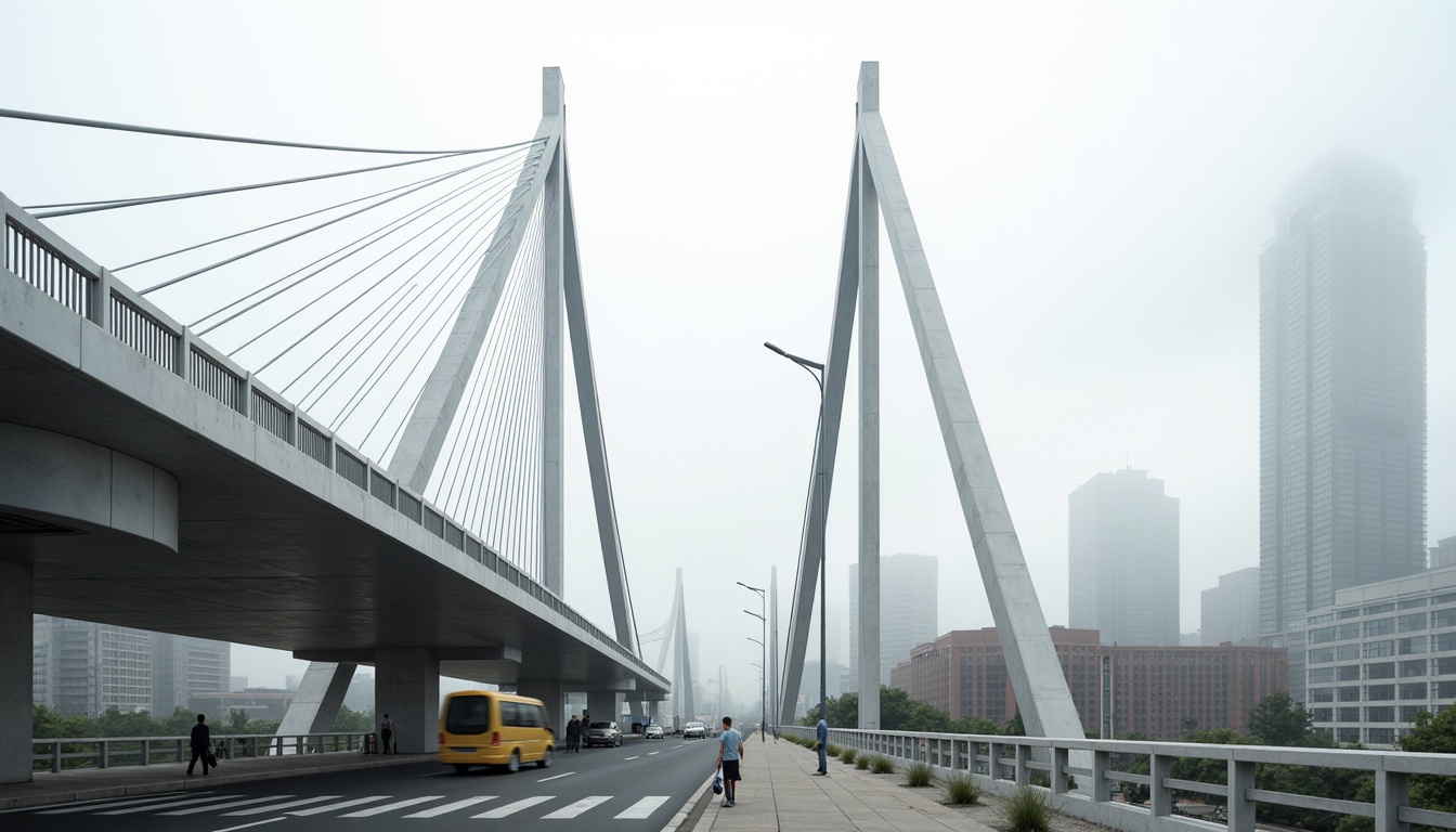 Prompt: Sleek vehicular bridge, modern international style, steel arches, cable-stayed design, suspension towers, horizontal beam deck, white concrete piers, minimalist railings, open roadways, urban cityscape, morning fog, soft diffused lighting, shallow depth of field, 2/3 composition, low-angle view, realistic metallic textures, ambient occlusion.