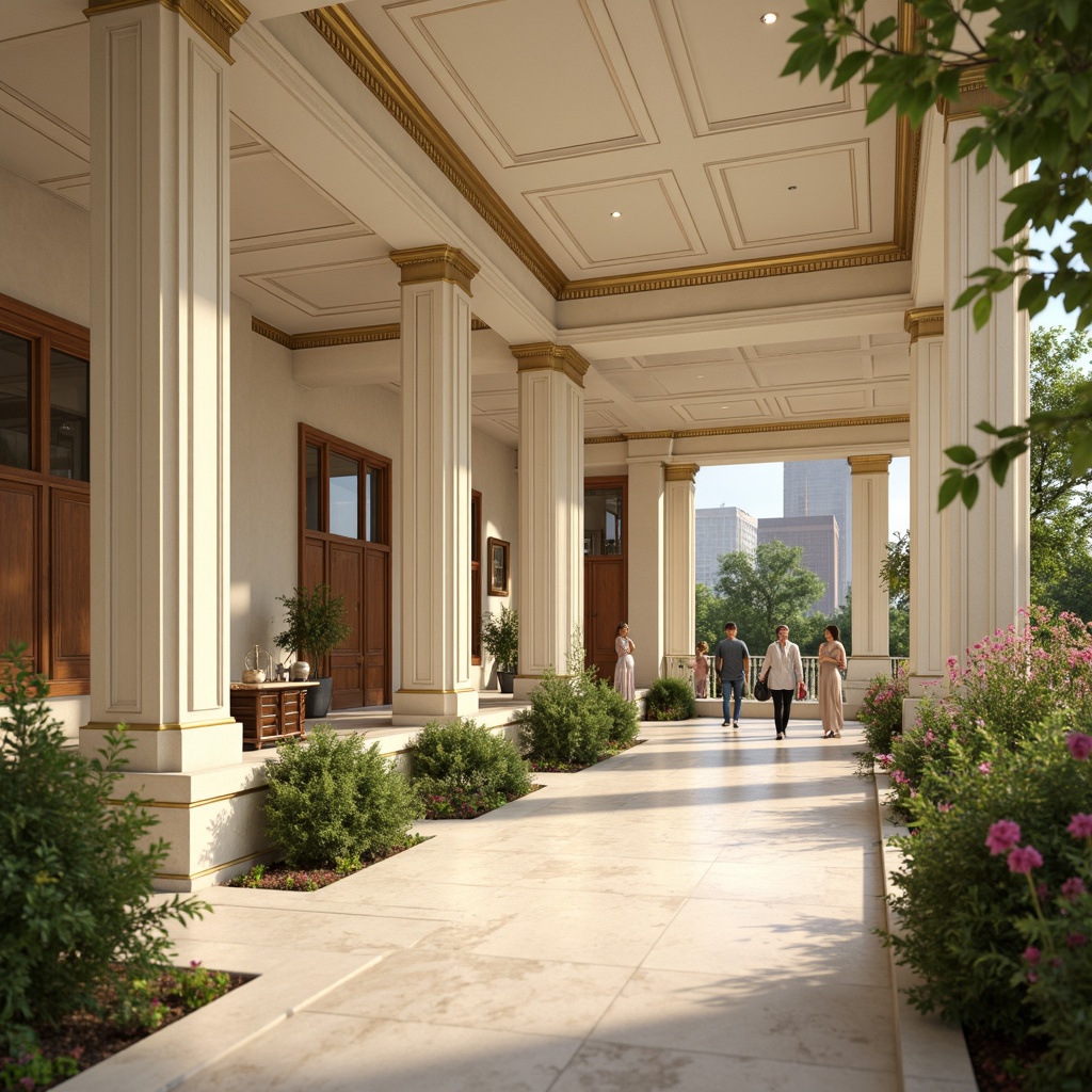 Prompt: Elegant neoclassical architecture, soft cream walls, rich wood accents, ornate gold details, subtle beige marble floors, refined columns, arches, and pilasters, lush greenery, blooming flowers, serene atmosphere, warm natural light, shallow depth of field, 1/1 composition, symmetrical balance, realistic textures, ambient occlusion, muted earth tones, soothing pastel hues, ivory whites, gentle cream, mossy greens, dusty blues, warm golden lighting.