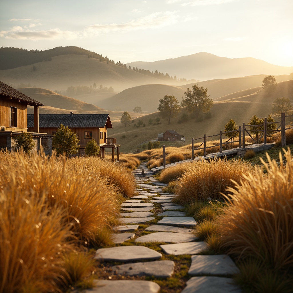 Prompt: Rustic countryside, warm wheat color tones, rolling hills, natural stone pathways, weathered wood fences, vintage farmhouses, golden fields of wheat, soft morning sunlight, gentle mist, shallow depth of field, 1/2 composition, symmetrical framing, realistic textures, ambient occlusion, serene atmosphere.