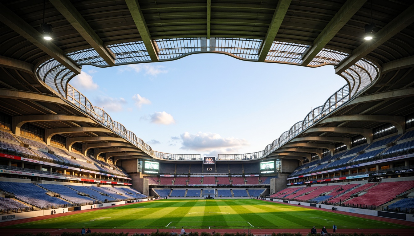 Prompt: Grand football stadium, archways with steel beams, dynamic curves, cantilevered roofs, vibrant team colors, floodlights, lush green grass, athletic tracks, spectator seating, modern architecture, brutalist design, concrete structures, angular lines, dramatic shadows, warm evening lighting, shallow depth of field, 1/1 composition, symmetrical view, realistic textures, ambient occlusion.