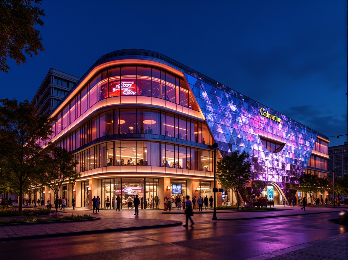 Prompt: Vibrant casino exterior, curved futuristic facade, neon lights, reflective glass surfaces, metallic accents, geometric patterns, LED displays, dynamic lighting effects, cantilevered structures, bold angular lines, luxurious materials, high-end finishes, ornate details, grand entranceways, sweeping arches, dramatic nighttime illumination, shallow depth of field, 1/1 composition, cinematic view, realistic textures, ambient occlusion.