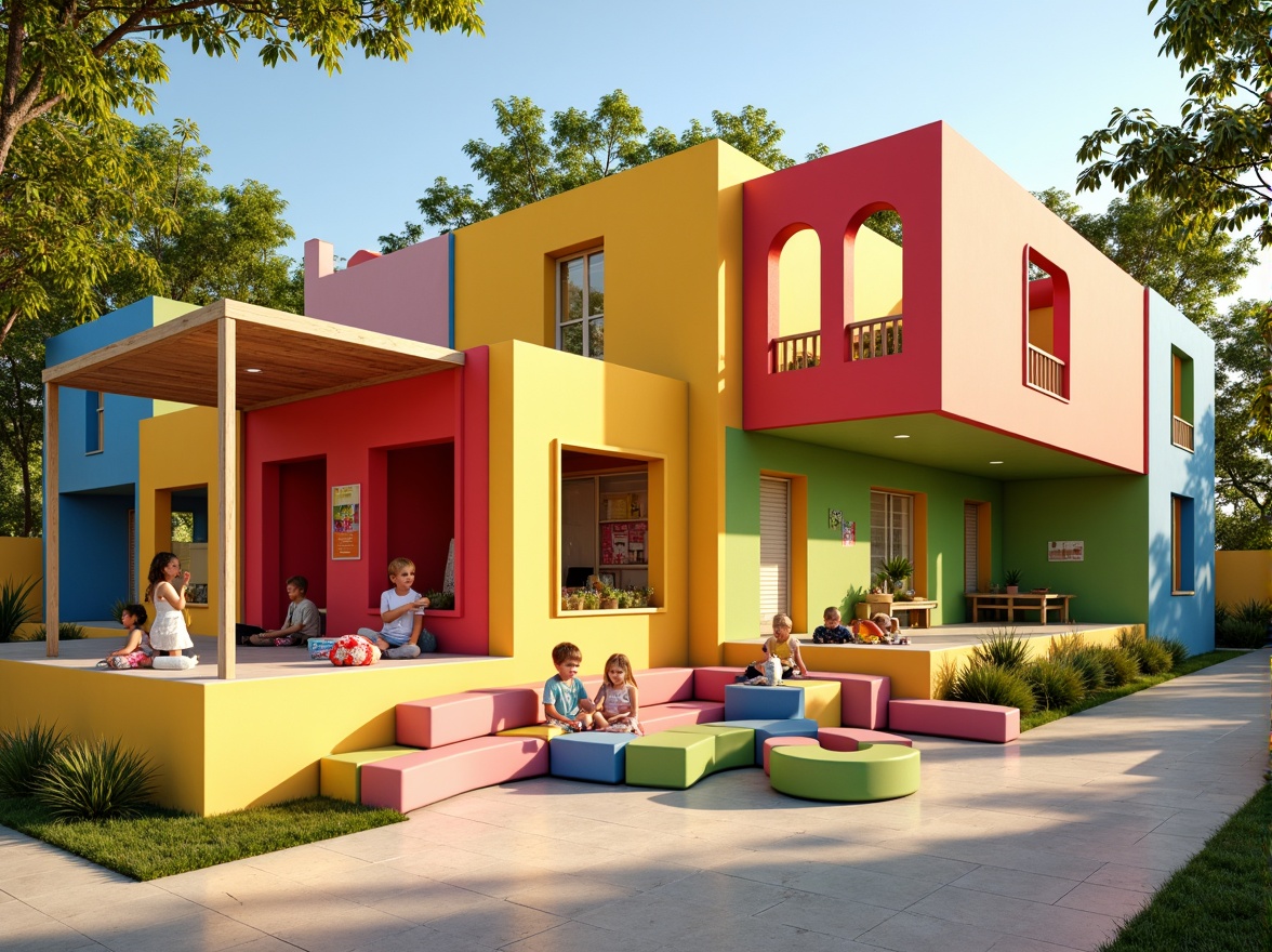 Prompt: Colorful kindergarten building, playful block-like structure, bright primary colors, rounded edges, soft cushions, interactive play equipment, educational signage, natural wood accents, minimalist decor, abundant natural light, warm cozy atmosphere, shallow depth of field, 1/1 composition, vibrant colorful textiles, whimsical illustrations, cheerful patterns, sunny day, gentle warm lighting.