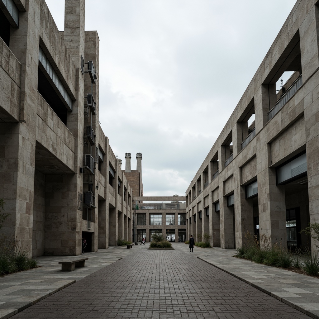 Prompt: Rugged concrete forms, exposed ductwork, brutalist aesthetic, fortress-like structures, monolithic walls, raw unfinished textures, industrial materials, urban landscapes, overcast skies, dramatic lighting effects, low-angle photography, symmetrical composition, bold geometric shapes, functional simplicity, minimalist details, weathered surfaces, distressed finishes, monumental scale, imposing fa\u00e7ades, architectural rigidity.