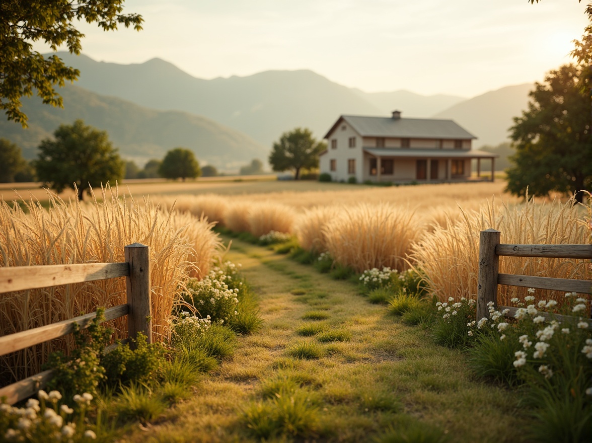 Prompt: Rustic countryside, wheat field backdrop, warm beige tones, rolling hills, serene atmosphere, vintage farmhouses, distressed wood fences, lush greenery, wildflowers, soft warm lighting, shallow depth of field, 3/4 composition, natural textures, earthy color palette, subtle grain effect.