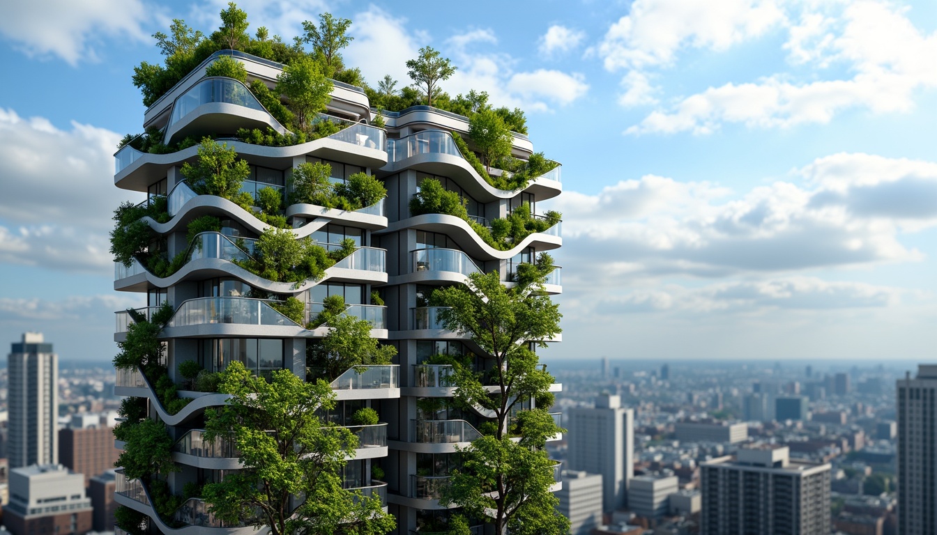 Prompt: Eco-friendly skyscraper, lush green roofs, vertical gardens, solar panels, wind turbines, rainwater harvesting systems, recycled materials, energy-efficient fa\u00e7ades, natural ventilation systems, minimized carbon footprint, futuristic design, angular lines, sleek metallic surfaces, floor-to-ceiling windows, panoramic city views, vibrant urban landscapes, cloudy blue skies, soft diffused lighting, shallow depth of field, 3/4 composition, realistic textures, ambient occlusion.