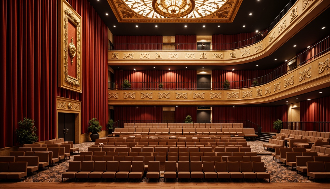 Prompt: Luxurious auditorium interior, rich velvet curtains, polished wooden floors, ornate golden balconies, soft cushioned seats, intricate acoustic panels, modern LED lighting systems, sleek metal railings, grand staircases, lavish chandeliers, premium soundproofing materials, plush carpeting, warm ambient lighting, shallow depth of field, 1/1 composition, realistic textures, ambient occlusion.