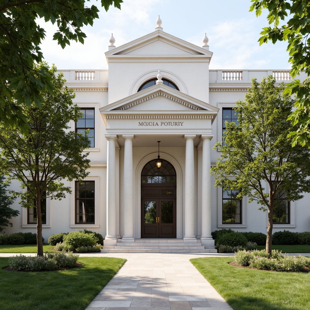 Prompt: Grandiose healthcare center facade, classical columns, ornate details, symmetrical composition, neutral color palette, white marble walls, grand entrance archways, bronze door handles, intricate stonework, manicured lawns, lush greenery, mature trees, sunny day, soft warm lighting, shallow depth of field, 3/4 composition, panoramic view, realistic textures, ambient occlusion.