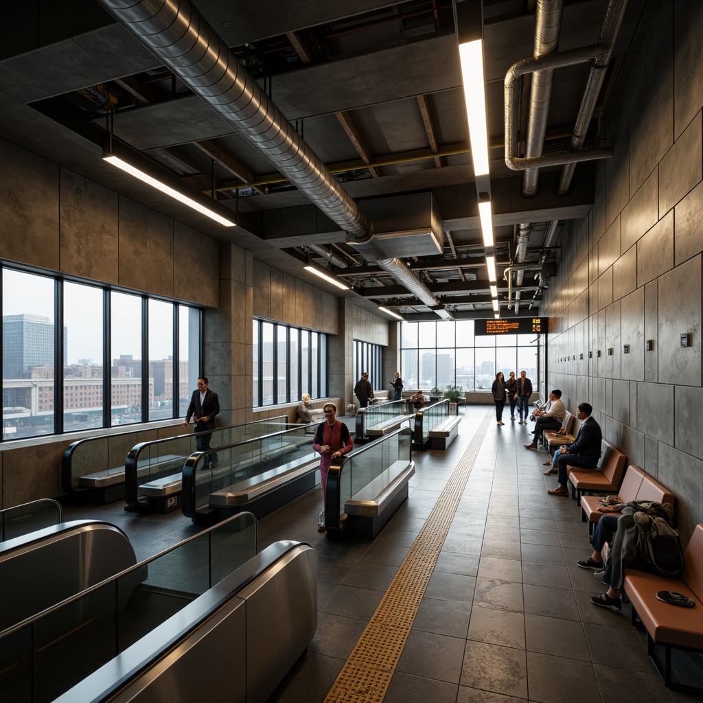 Prompt: Urban metro station, industrial concrete walls, rough textured surfaces, exposed ductwork, metallic beams, modern LED lighting, futuristic escalators, sleek glass railings, minimalist seating areas, urban cityscape views, bustling crowd scenes, morning rush hour atmosphere, soft warm lighting, shallow depth of field, 1/2 composition, realistic ambient occlusion.