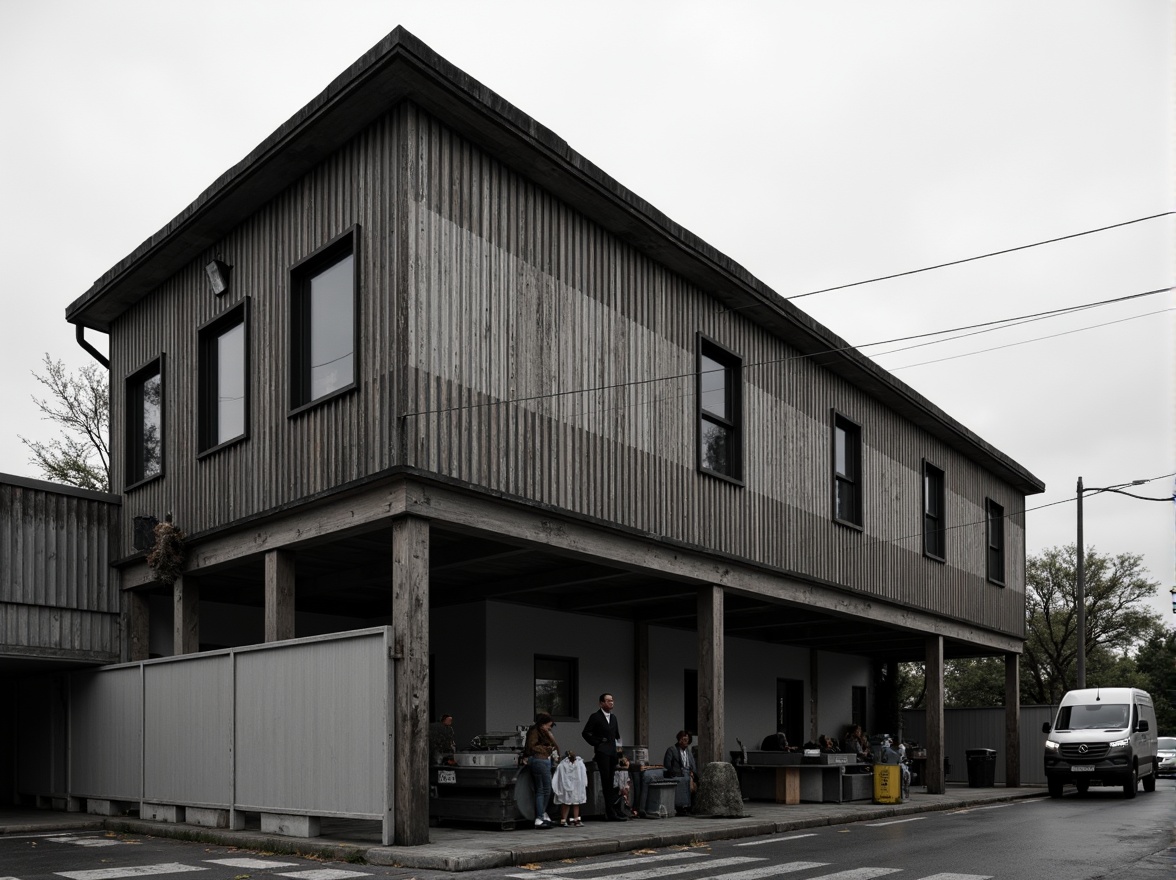 Prompt: Rustic industrial building, corrugated iron facade, weathered metal texture, distressed finish, urban landscape, concrete foundation, steel beams, mechanical components, exposed ductwork, functional design, minimalist aesthetic, monochromatic color scheme, overcast sky, dramatic shadows, low-angle photography, 1/2 composition, shallow depth of field, cinematic lighting.