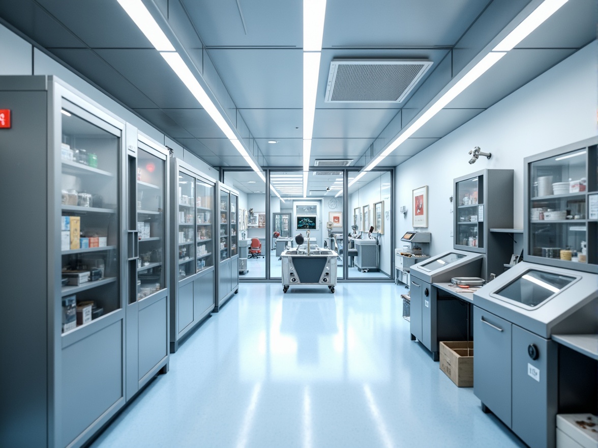 Prompt: Modern laboratory interior, sterile equipment, futuristic scientific instruments, neutral color palette, calming blue tones, crisp white surfaces, accents of bold red, industrial metal finishes, sleek glass partitions, minimalist decor, functional lighting, soft shadows, shallow depth of field, 1/1 composition, realistic textures, ambient occlusion.