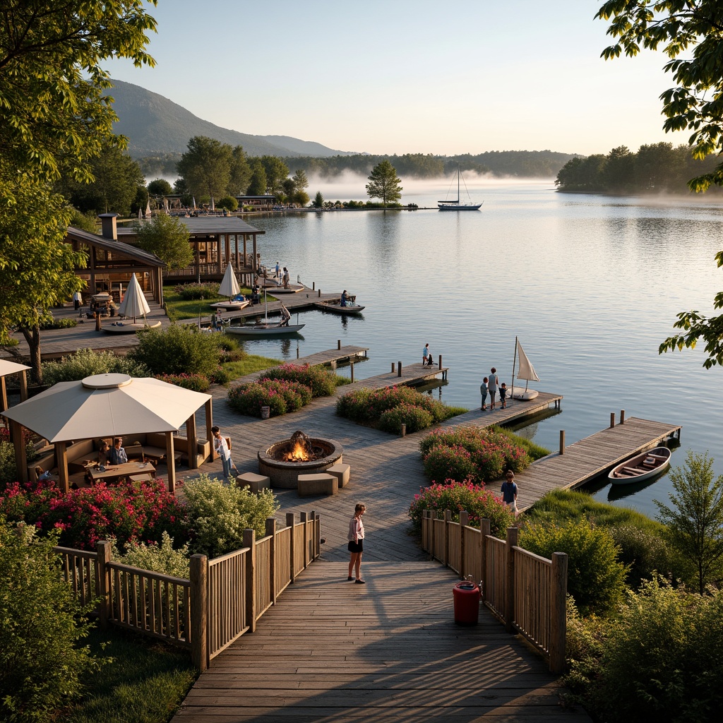 Prompt: Lakefront resort, serene water views, lush greenery, vibrant flowers, wooden docks, sailboats, kayaks, paddleboards, outdoor seating areas, fire pits, soft warm lighting, shallow depth of field, 3/4 composition, panoramic view, realistic textures, ambient occlusion, natural stone walkways, rustic wooden fences, nautical-themed decor, cozy hammocks, tranquil atmosphere, misty morning, golden hour, gentle water ripples, scenic hiking trails.