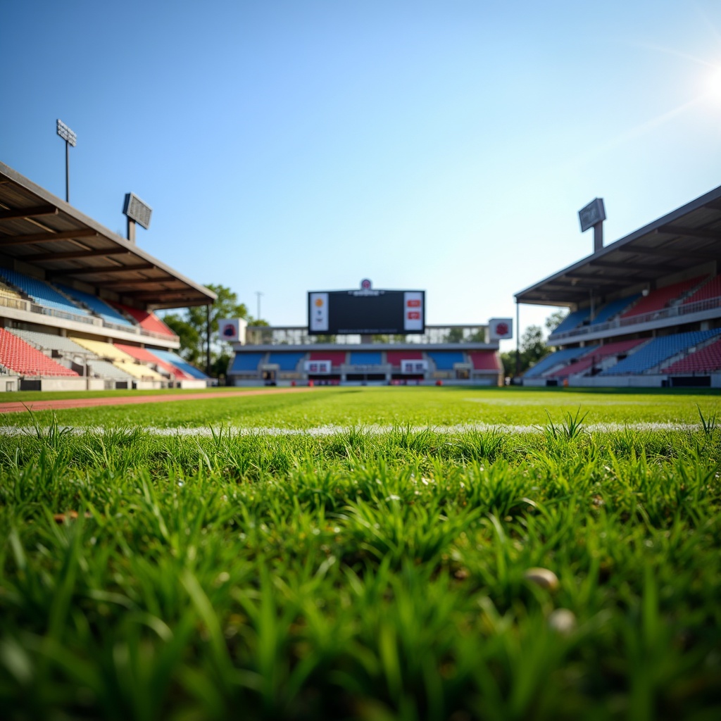 Prompt: Vibrant green grass, natural earth tones, bold team colors, dynamic stadium lighting, lush athletic tracks, modern scoreboards, sleek goalposts, rustic fences, sunny afternoon, clear blue sky, shallow depth of field, 3/4 composition, panoramic view, realistic textures, ambient occlusion.