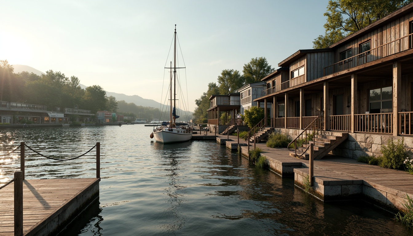 Prompt: Rustic boathouse, wooden docks, nautical ropes, sailboat masts, rippling water reflections, warm sunny day, soft natural lighting, shallow depth of field, 3/4 composition, panoramic view, realistic textures, ambient occlusion, distressed wood accents, corrugated metal roofs, weathered stone foundations, aquatic plants, lakeside scenery, gentle waves, serene atmosphere.