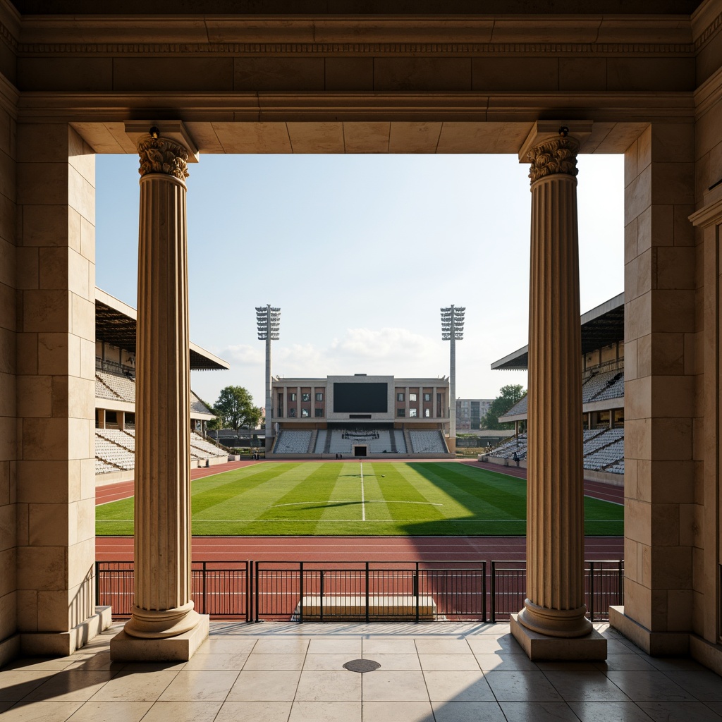 Prompt: Grandiose sports stadium, neoclassical columns, ornate capitals, architraves, rusticated bases, majestic entrance gates, lush green grass, vibrant athletic tracks, modern floodlights, sleek scoreboards, elegant spectator stands, refined metal railings, polished marble flooring, classic Greek-inspired architecture, symmetrical composition, warm golden lighting, shallow depth of field, 1/1 aspect ratio, realistic textures, ambient occlusion.