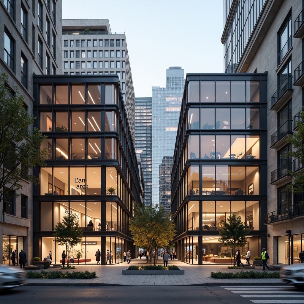 Prompt: Geometric building forms, rectangular prisms, cantilevered roofs, open floor plans, functional zoning, industrial materials, steel frames, glass facades, minimalist decor, primary color schemes, bold typography, modernist aesthetics, urban context, cityscape views, natural light influx, diffused shadows, high contrast lighting, 1/1 composition, central axis symmetry, brutalist textures, architectural photography.