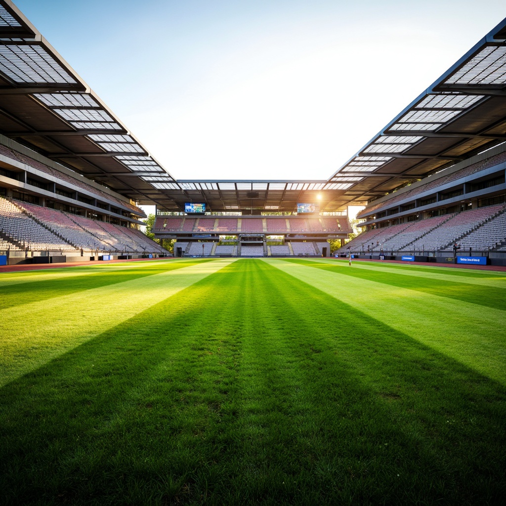 Prompt: Symmetrical sports field, lush green grass, vibrant track lines, modern stadium architecture, sleek metal bleachers, angular scoreboards, minimalist design, central focal point, bilateral symmetry, radial composition, low-angle shot, warm sunlight, soft shadows, shallow depth of field, realistic textures, ambient occlusion.