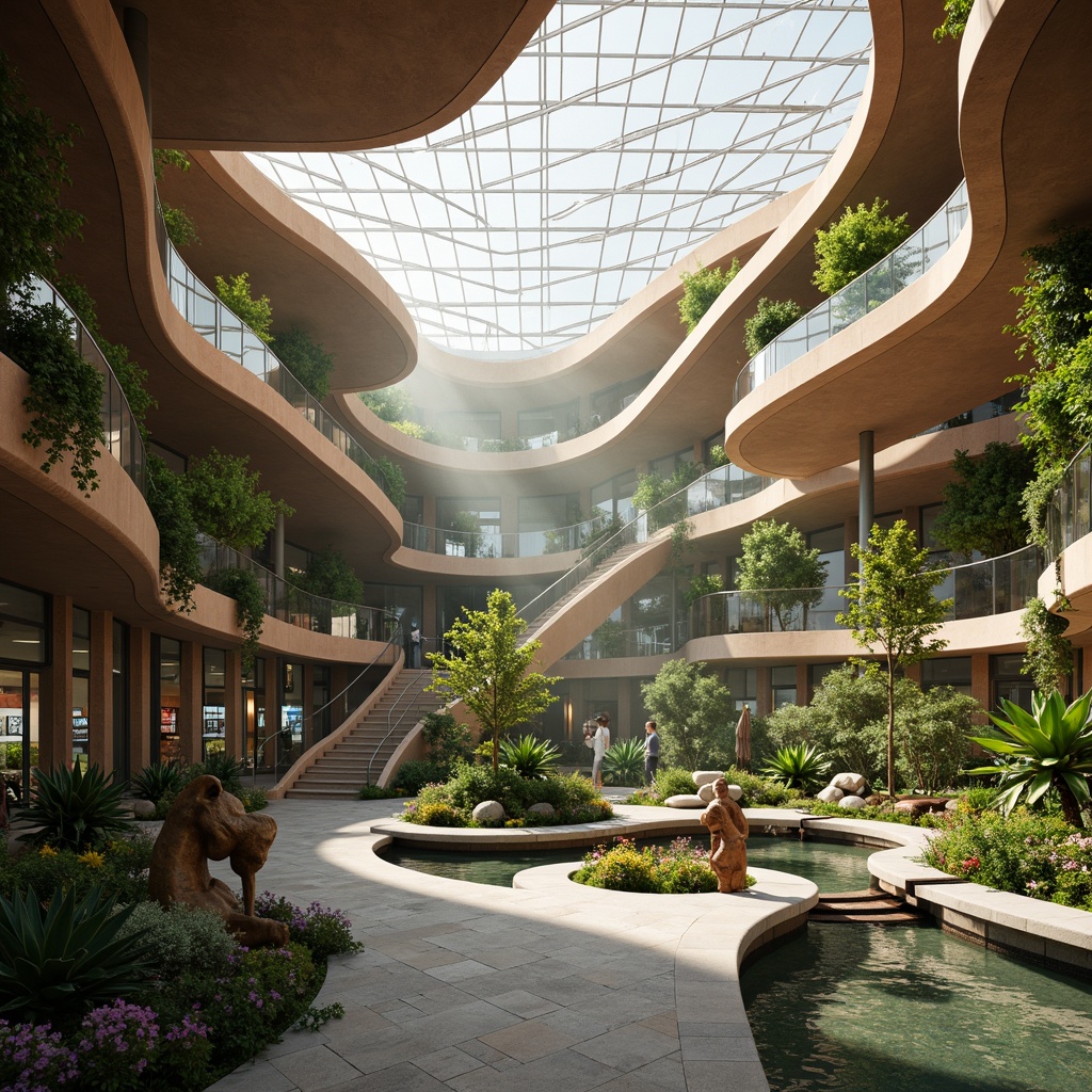 Prompt: Curved blob-like structures, undulating rooflines, translucent canopies, soft warm lighting, natural stone floors, polished wooden accents, vibrant green walls, flowing water features, lush tropical plants, futuristic escalators, spiral staircases, minimalist signage, abstract sculptures, ambient soundscape, shallow depth of field, 1/1 composition, realistic textures, organic patterns, earthy color palette, misty atmosphere, warm sunny day.