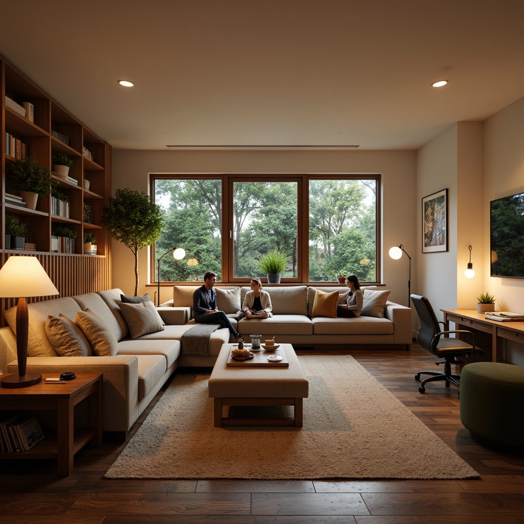 Prompt: Cozy living room, sectional sofa, wooden coffee table, floor lamps, natural fiber rug, neutral color palette, functional shelving units, efficient storage solutions, harmonious furniture layout, circular conversation area, task-oriented workspace, ambient lighting, 3/4 composition, shallow depth of field, soft warm glow, inviting atmosphere, comfortable seating areas.