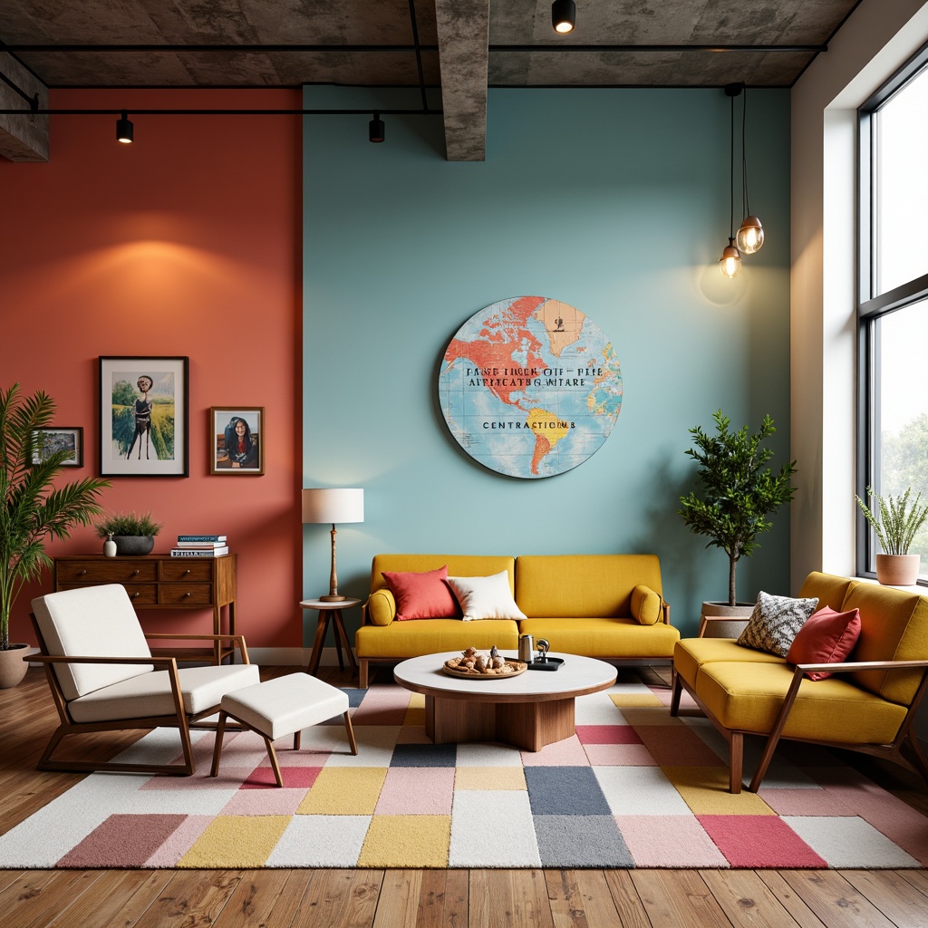 Prompt: Vibrant design studio, modern color palette, bold typography, contrasting hues, harmonious shades, bright accent walls, pastel tone furniture, metallic decor accents, natural textiles, earthy undertones, warm lighting, 1/1 composition, shallow depth of field, realistic textures, ambient occlusion.