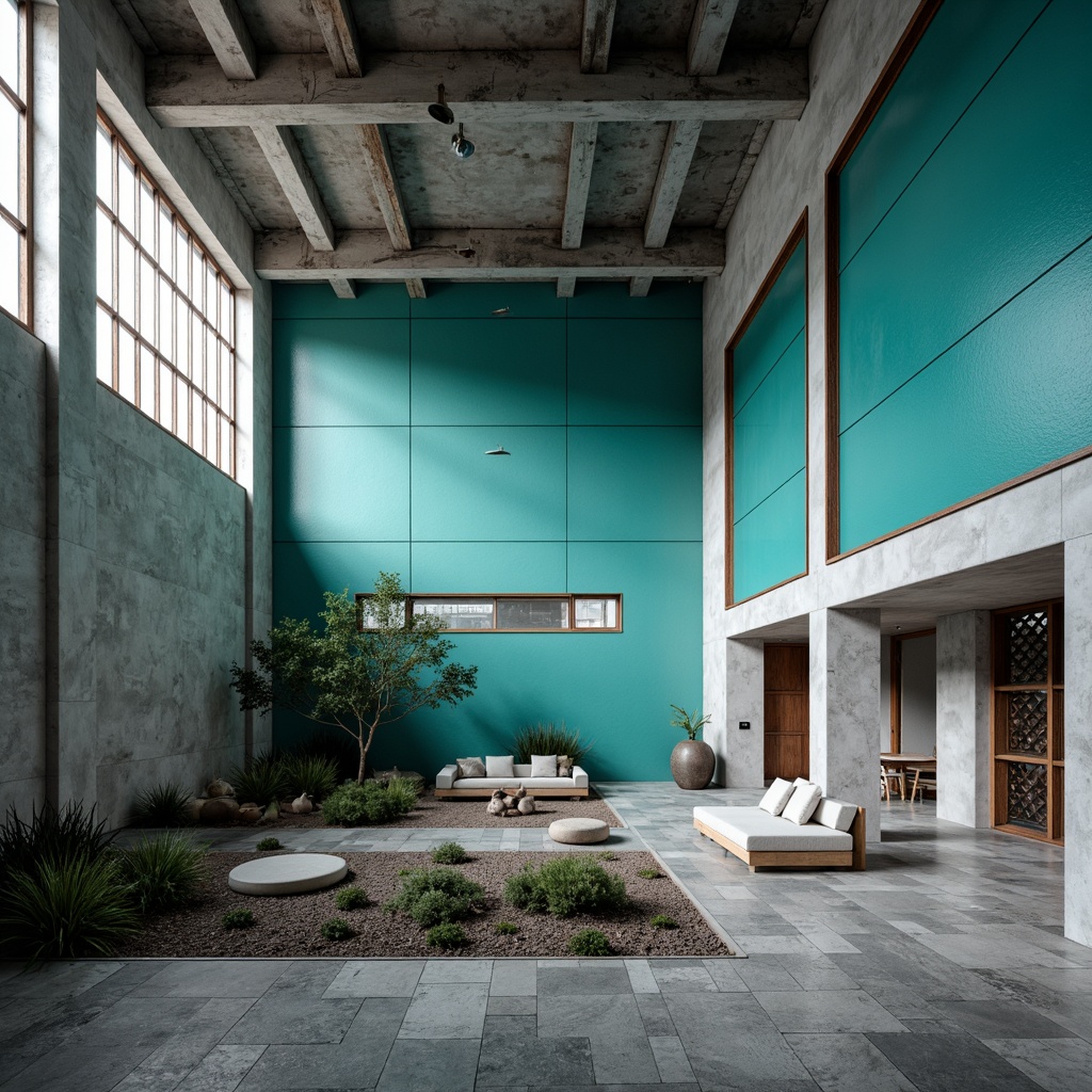 Prompt: Monochromatic brutalist architecture, exposed concrete walls, bold color blocking, vibrant turquoise accents, industrial metal beams, rugged stone floors, geometric patterned windows, minimalist decor, functional simplicity, high-ceilinged interior, dramatic shadowplay, intense natural light, shallow depth of field, 3/4 composition, realistic textures, ambient occlusion.