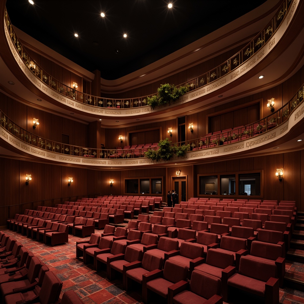 Prompt: Luxurious theater interior, rich wood accents, plush velvet seats, ornate golden details, subtle ambient lighting, sound-absorbing materials, acoustic panels, curved architecture, intimate setting, warm earthy tones, dramatic spotlights, soft diffuse illumination, 1/1 composition, shallow depth of field, realistic textures, ambient occlusion.