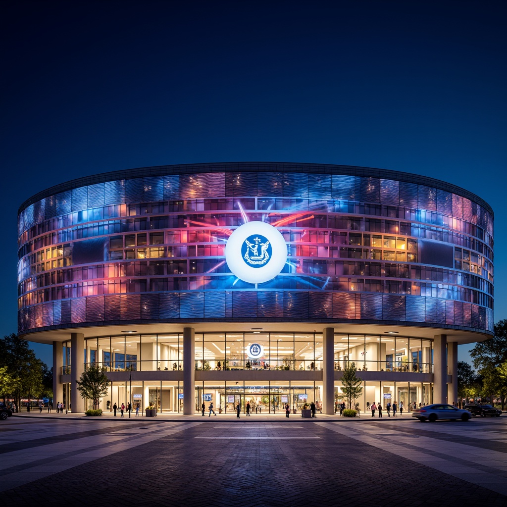 Prompt: Grand stadium facade, undulating curves, dynamic LED lighting, sleek metal cladding, transparent glass panels, cantilevered rooflines, monumental entrance gates, vibrant team color schemes, geometric patterned walls, perforated metal screens, angular columns, futuristic architecture, state-of-the-art technology integration, atmospheric nighttime illumination, shallow depth of field, 1/1 composition, wide-angle lens, realistic textures, ambient occlusion.