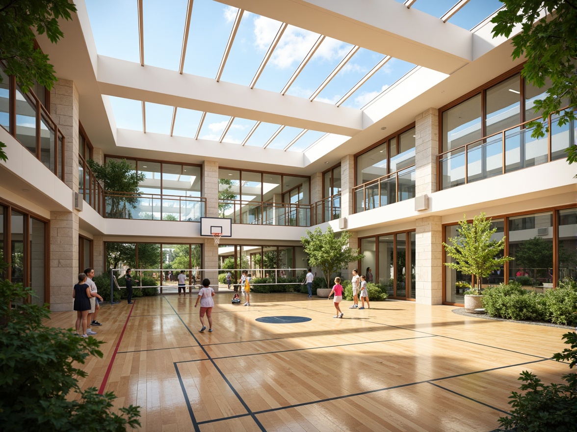 Prompt: Spacious gymnasium interior, high ceilings, clerestory windows, skylights, transparent roof panels, reflective white surfaces, polished wooden floors, athletic equipment, basketball hoops, volleyball nets, exercise machines, free weights, mirrored walls, natural stone accents, abundant greenery, lush plants, vibrant colors, sunny day, soft warm lighting, shallow depth of field, 3/4 composition, panoramic view, realistic textures, ambient occlusion.