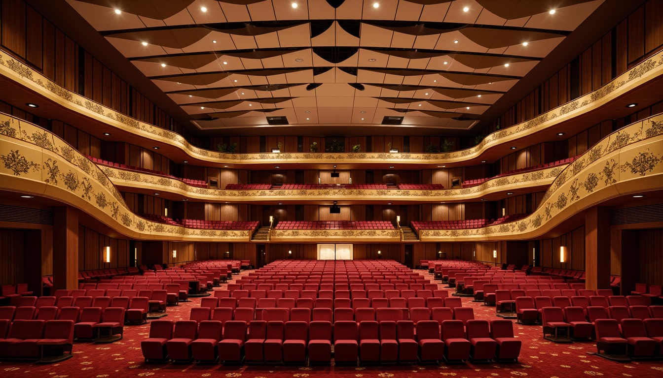 Prompt: Luxurious auditorium interior, rich wood paneling, plush red velvet seats, ornate golden balconies, sweeping curved lines, intricate acoustic panels, sound-absorbing materials, diffused soft lighting, 1/2 composition, shallow depth of field, warm color temperature, realistic textures, ambient occlusion, dramatic spotlights, suspended ceiling arrays, triangular sound diffusers, fabric-wrapped acoustic walls, reverberation control systems, adjustable sound reflections.