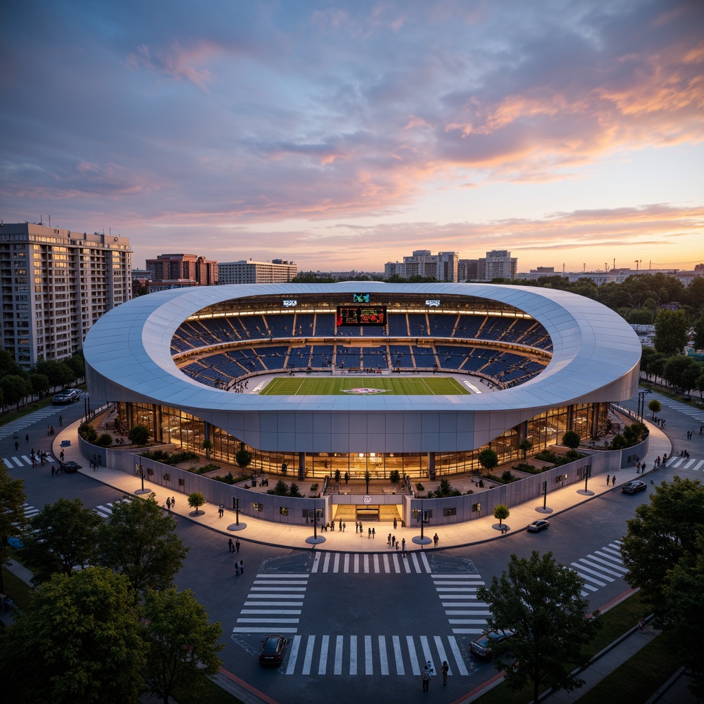 Prompt: Sleek sports stadium, dynamic curves, metallic cladding, LED lighting strips, glass fa\u00e7ade, cantilevered rooflines, modern architecture, grand entrance, athletic track, football field, basketball court, tennis courts, scoreboard displays, vibrant team colors, evening ambiance, warm golden lighting, shallow depth of field, 3/4 composition, panoramic view, realistic textures, ambient occlusion.